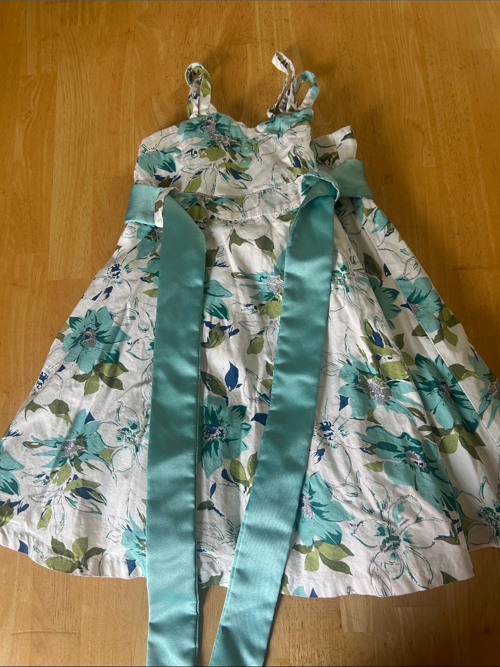 Bonnie Jean White Floral Dress with Teal Sash Accents